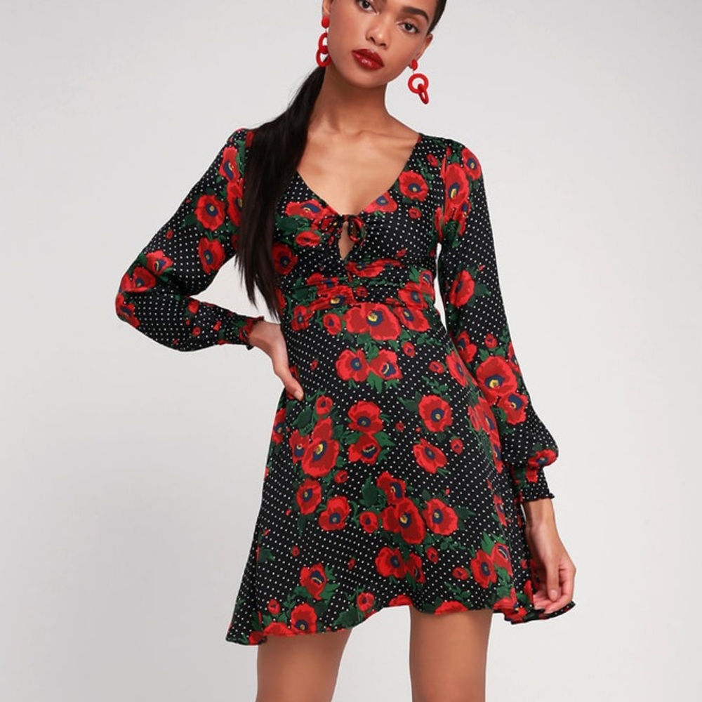 Free People Morning Light Midi Dress in Black Poppy Floral/Polka Dot
